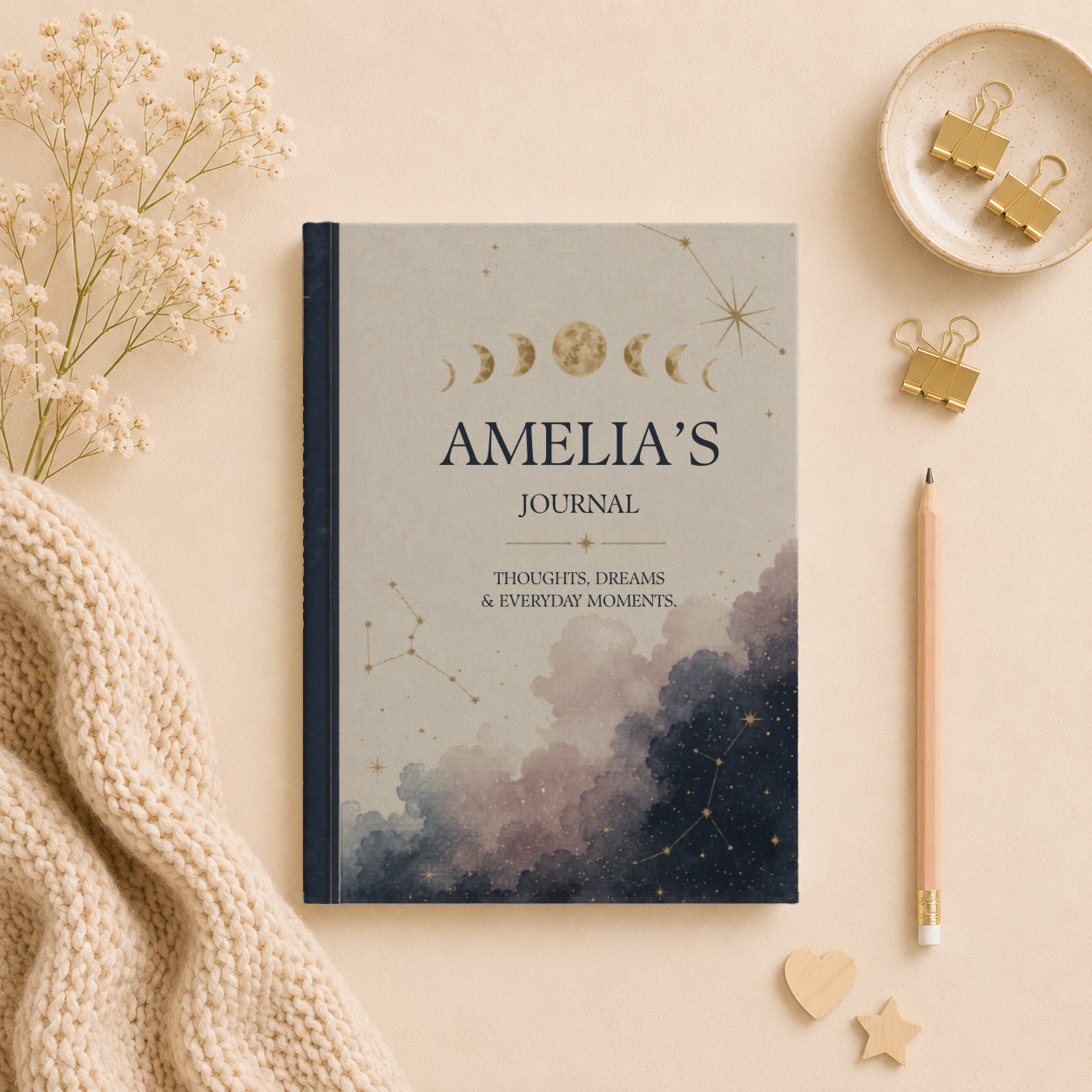 Personalized Hardcover Journal, Moon Phase Notebook, Custom Starry Sky Diary, Unique Astrology Gift, Thoughtful Keepsake, Moon Journal