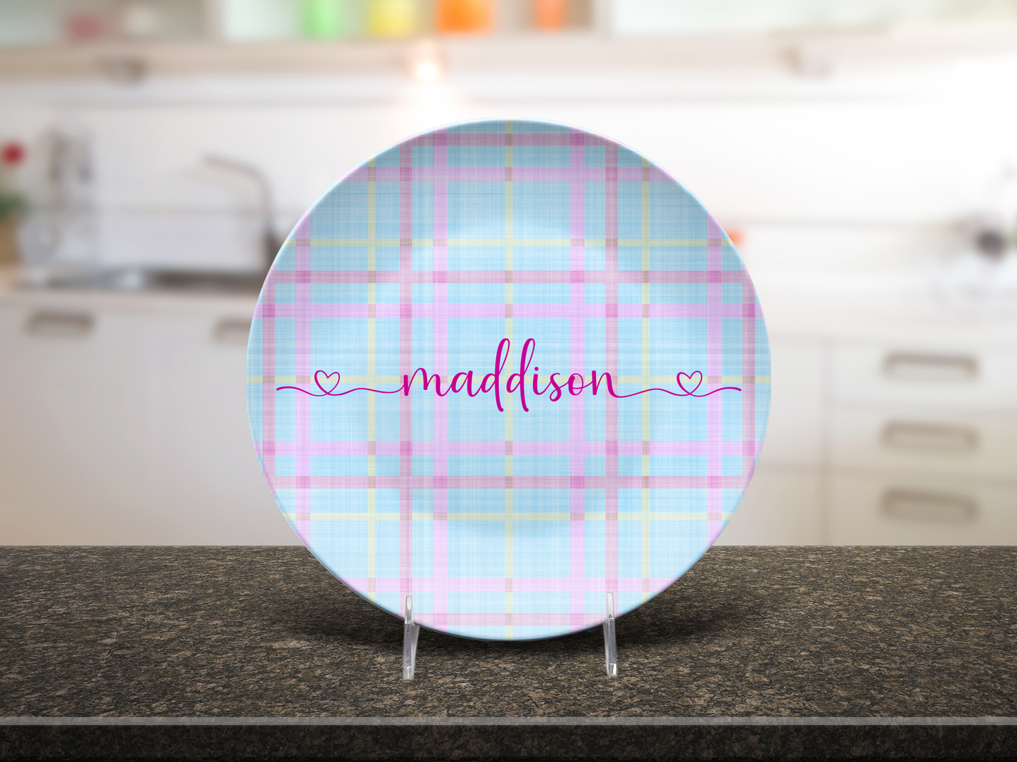 Pastel Plaid Pink and Blue Personalised Plate