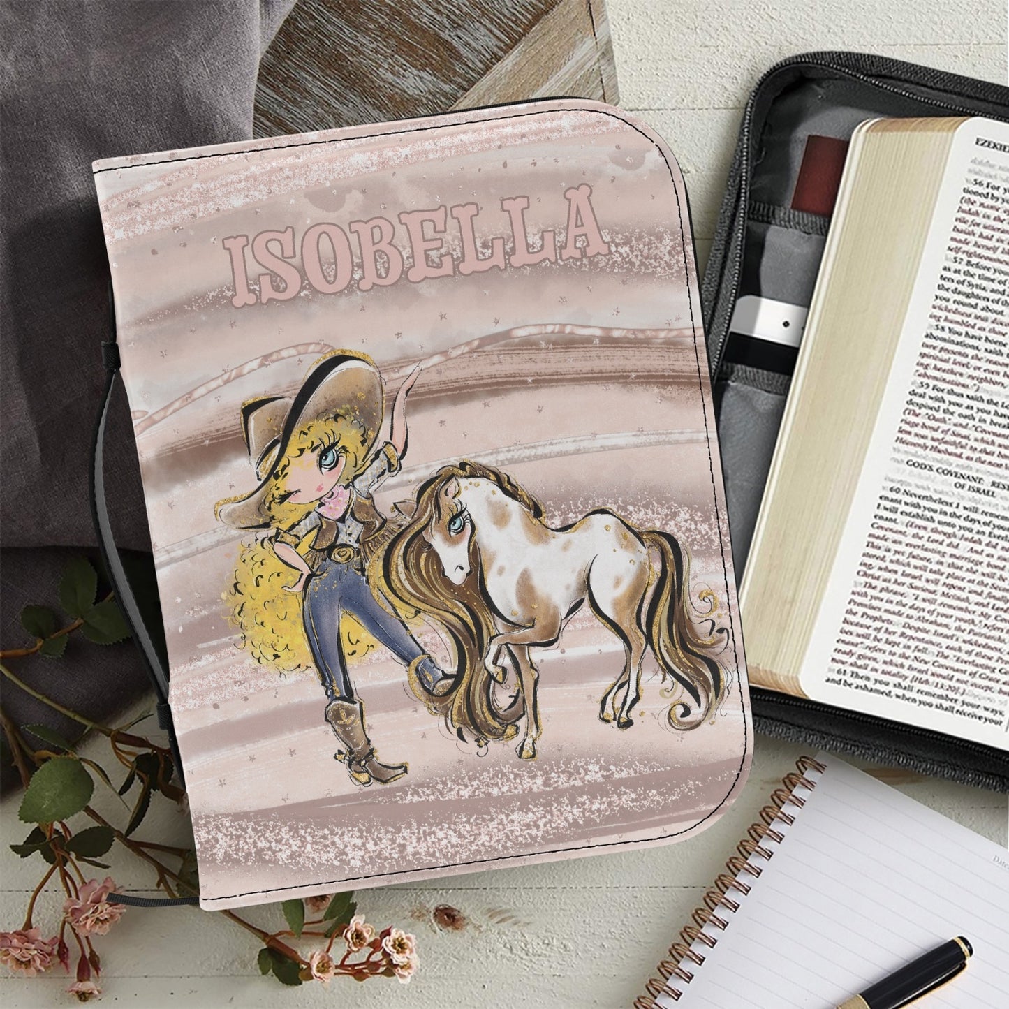 Book Cover, Bible Cover, Howdy, Cowgirl and Horse, Blonde Curly Hair, Blue Eyes