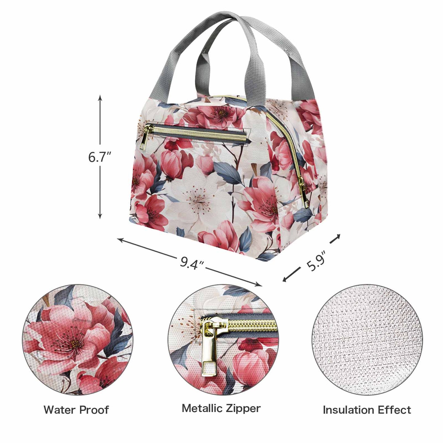 Pink Floral Small  Portable Lunch Bag-Grey Handle