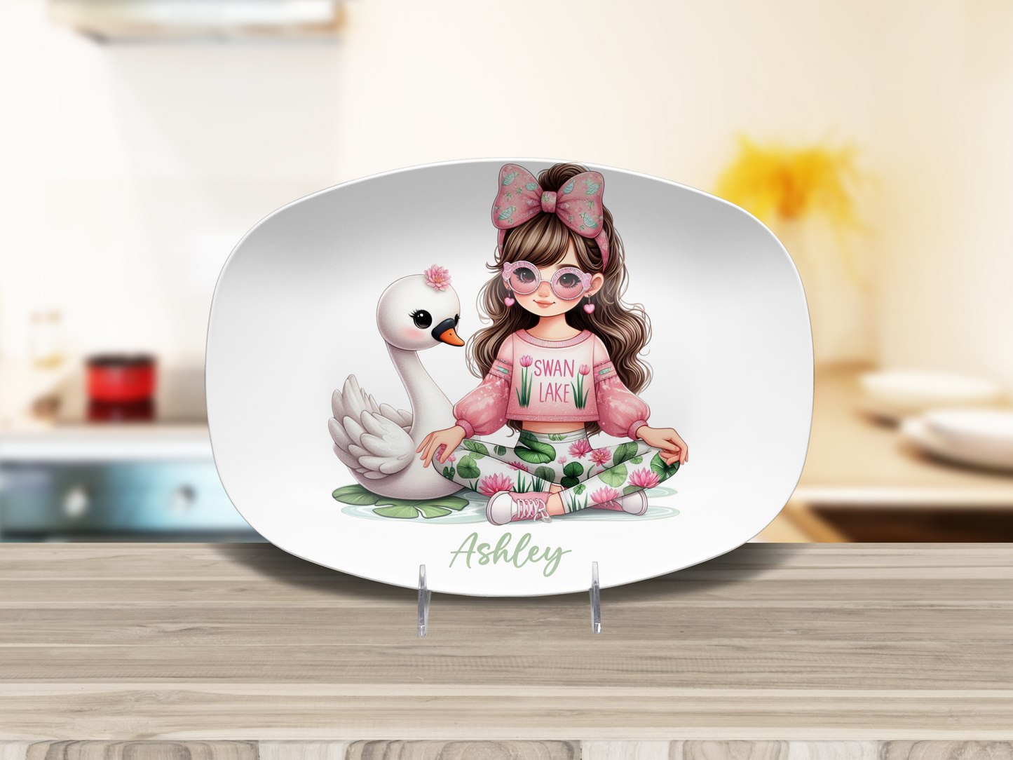 Personalised Girl with Bunny, Cow, Monkey, Penguin, Puppy, Racoon, Swan, Teddy Bear, Zebra Plates