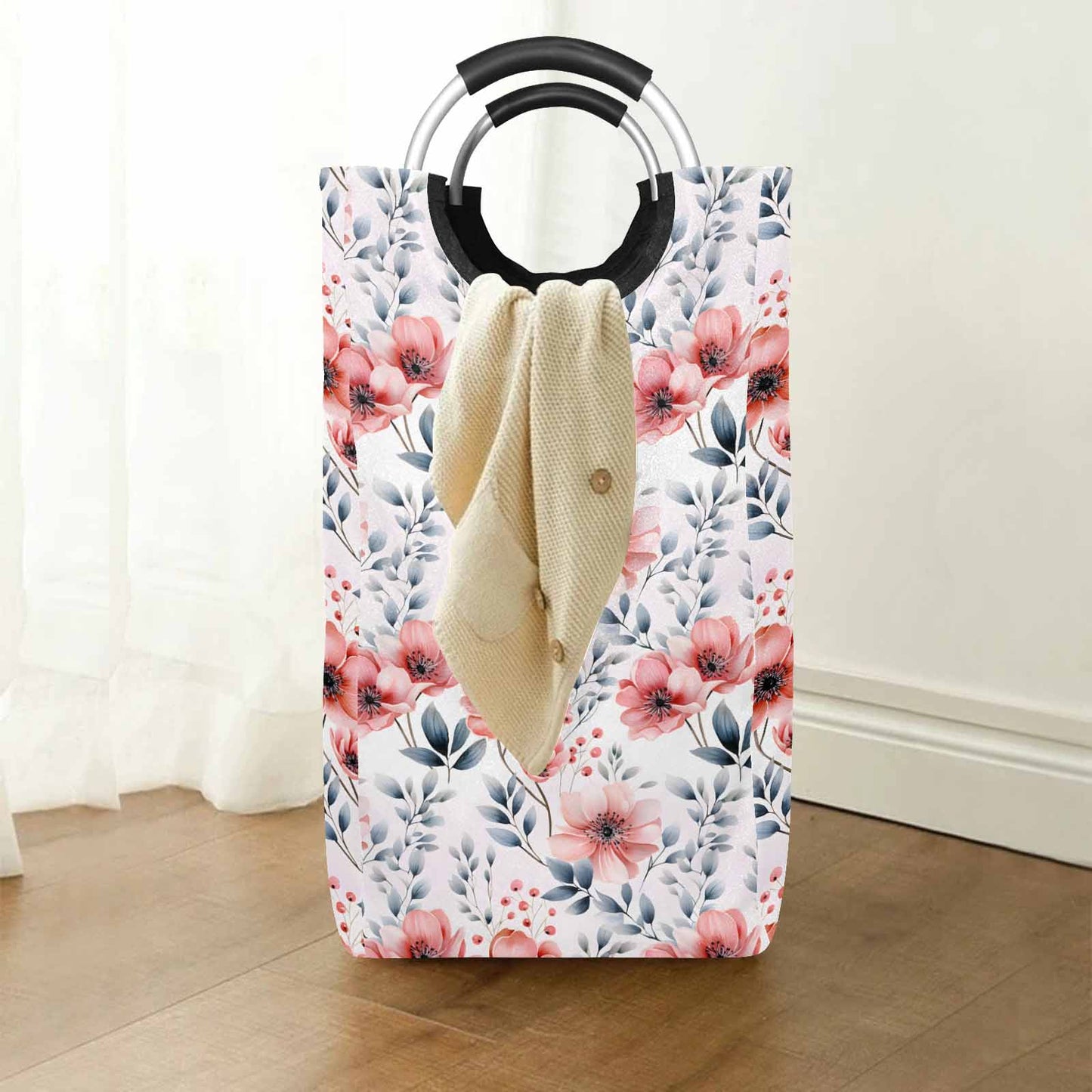 Apricot and Grey Floral  Square Laundry Basket