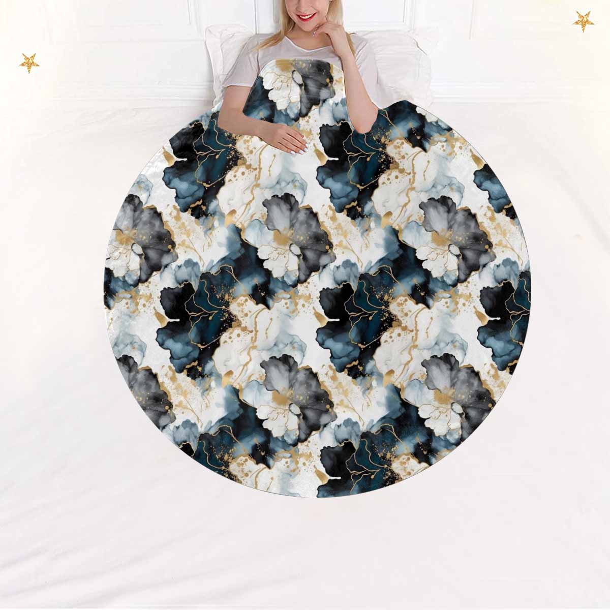 Black Ink Floral  Circular Micro Fleece Blanket 60"