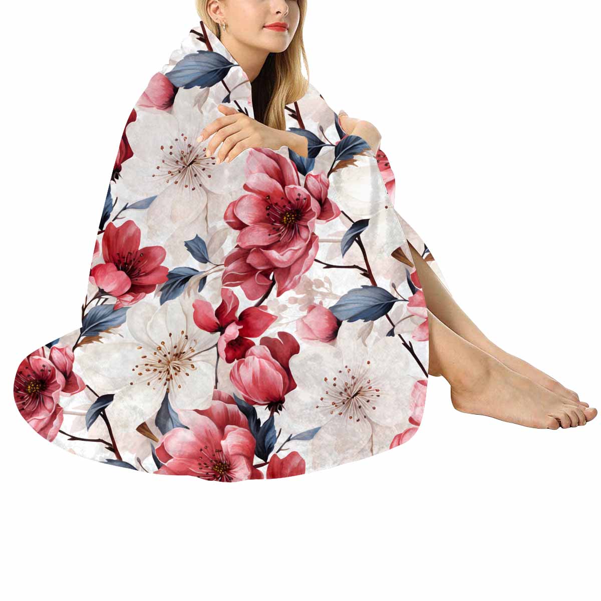 Pink Floral Small  Circular Micro Fleece Blanket 47"
