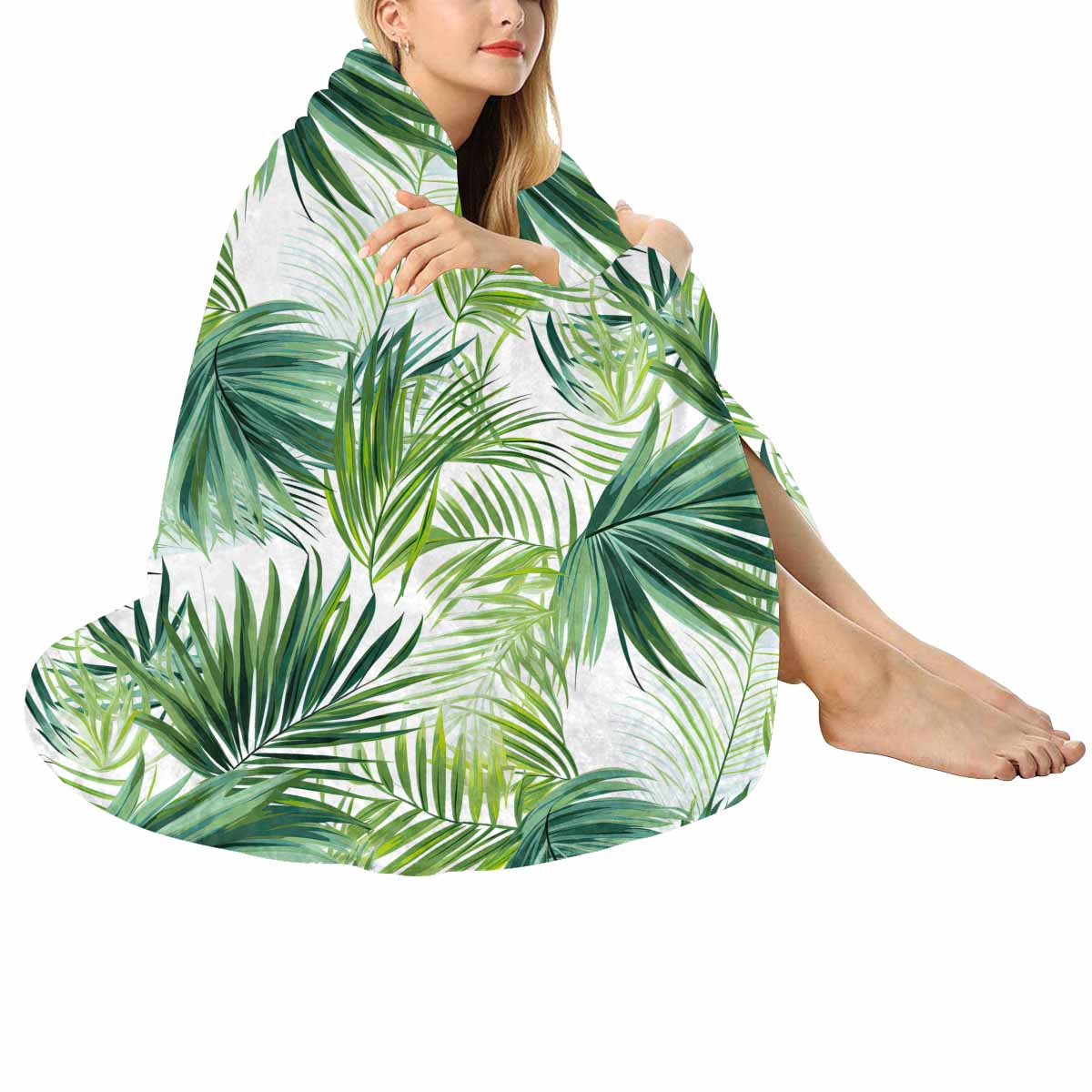 Green Palm Leaves  Circular Micro Fleece Blanket 47"