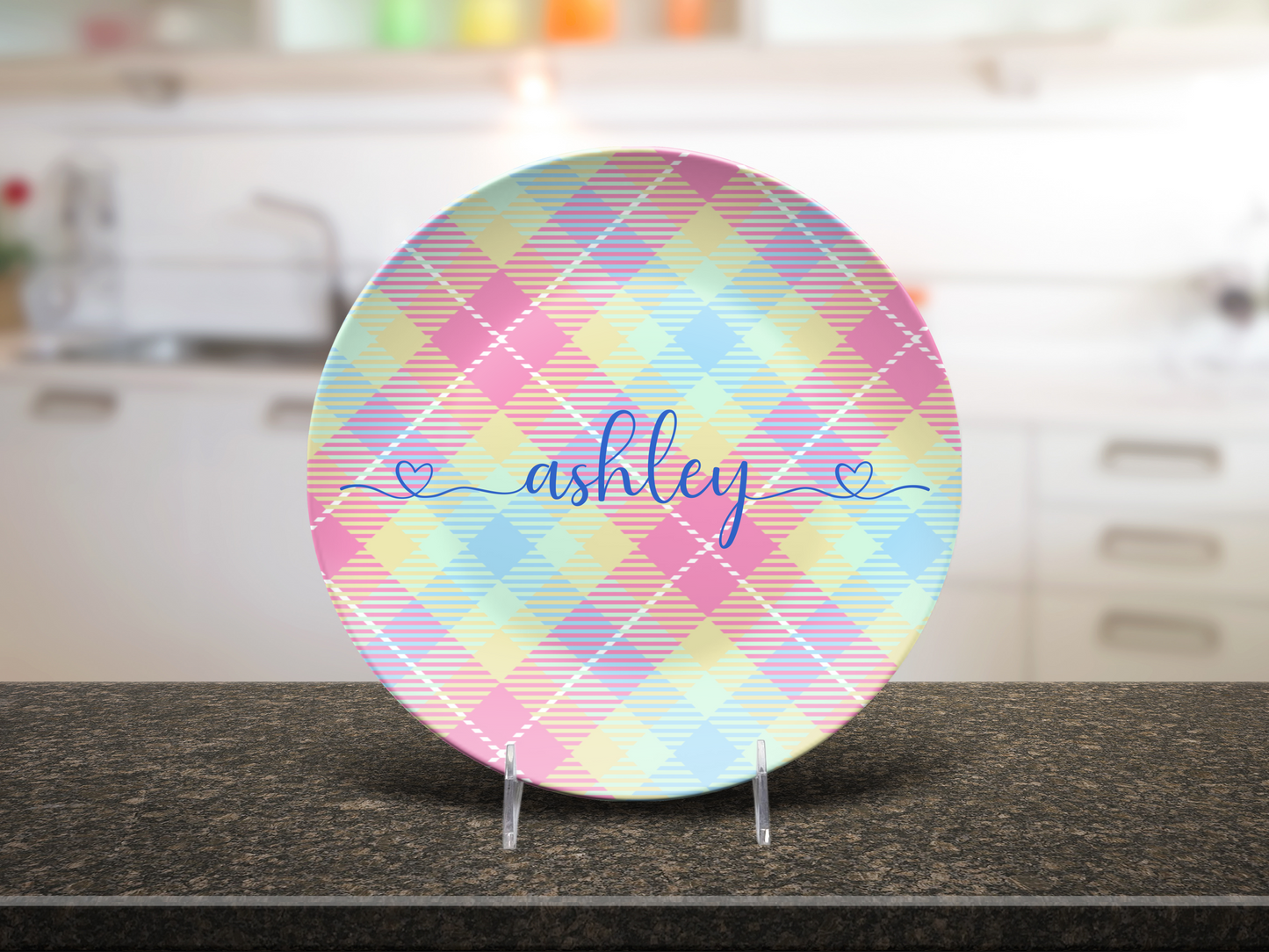 Pastel Plaid Pink Blue and Lemon Personalised Plate