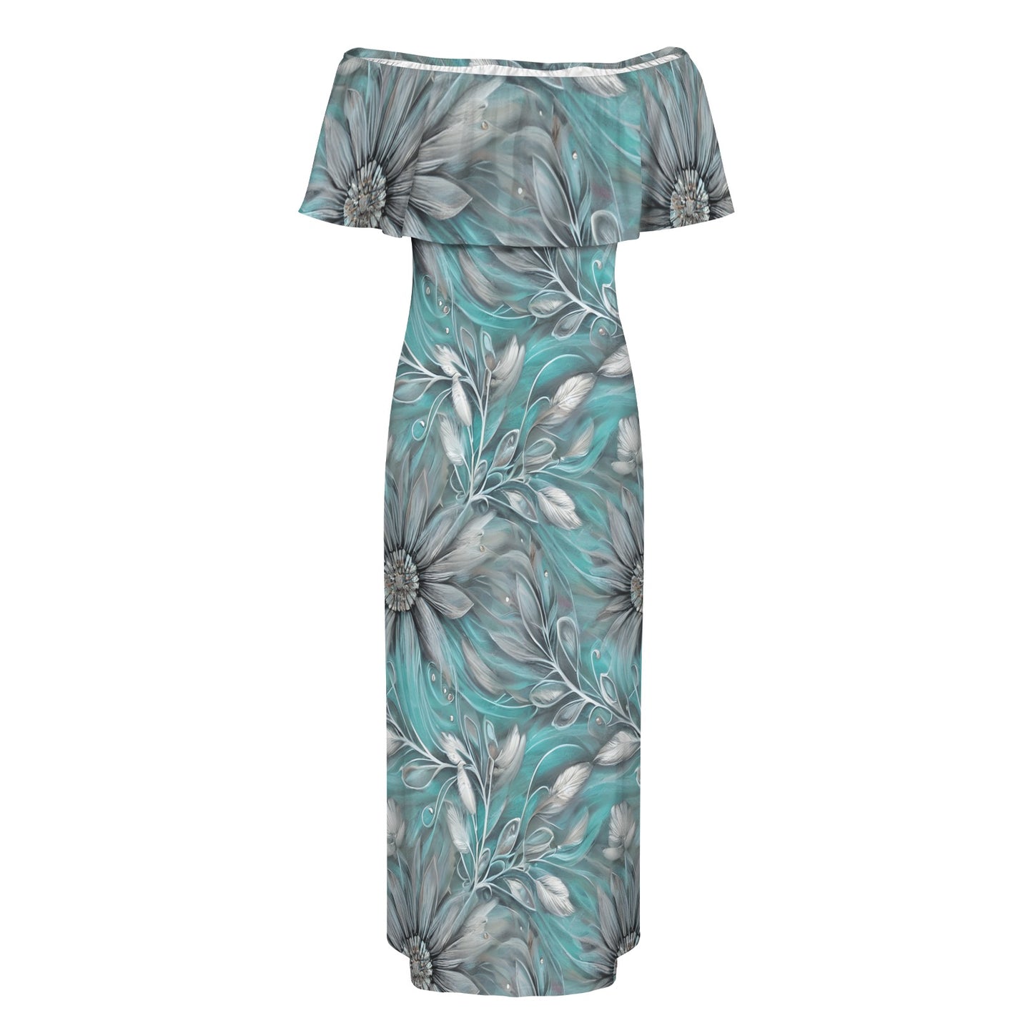 Green Elegant Large Print Floral Women's Off Shoulder Ruffle Boat Neck Dress (Model D71)