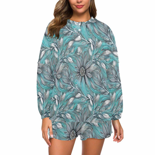 Green Elegant Floral Small Print Women's Long Sleeve Pajama Set with Shorts