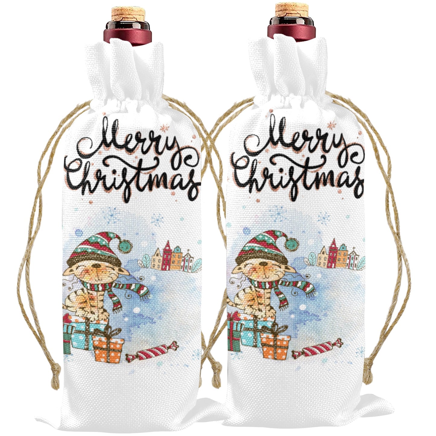 Merry-Xmas Cat Whimsical Christmas Linen Wine Bottle Bag