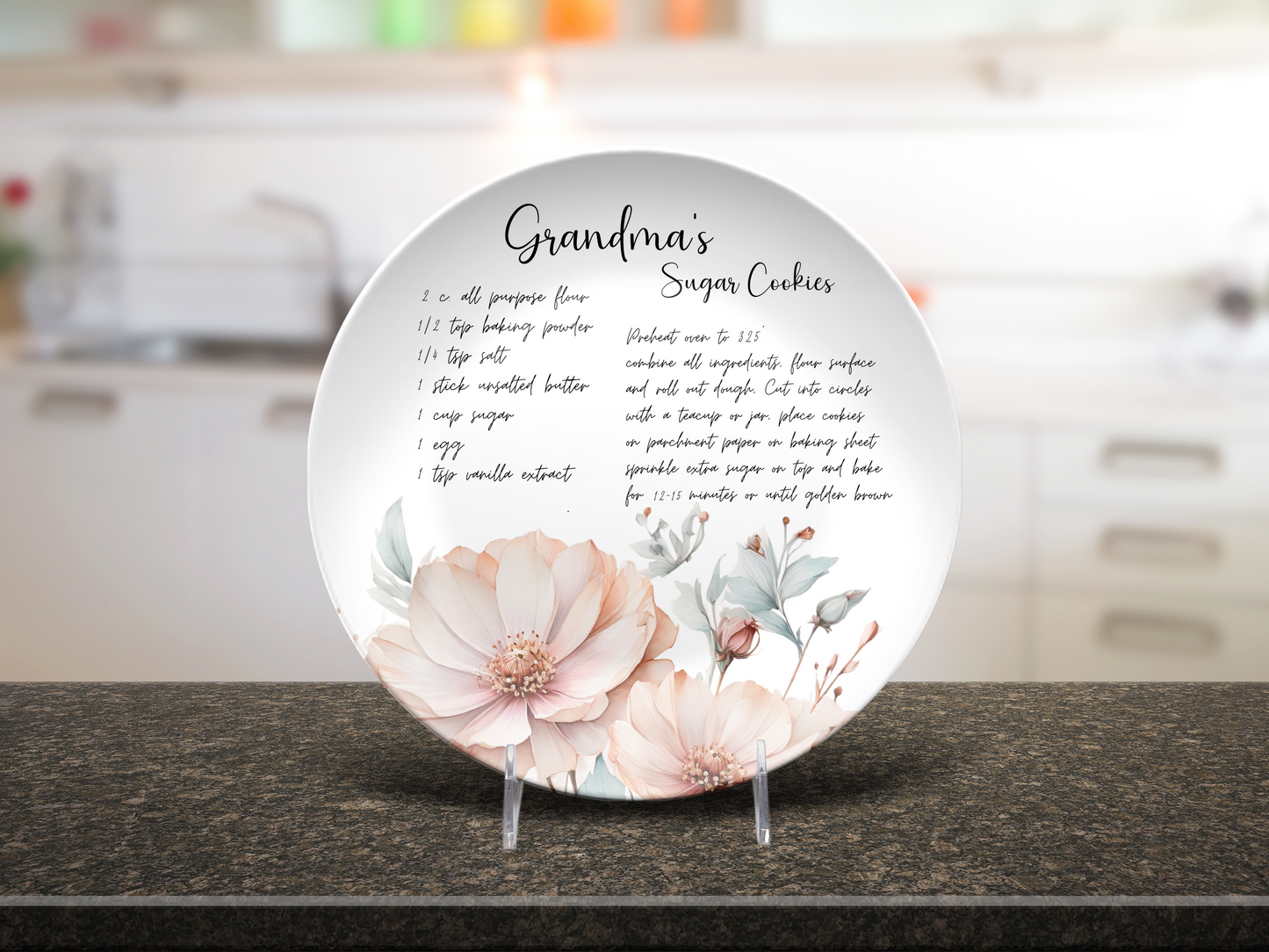 Personalised Teal & Rose Wildflowers Handwritten Family Recipe Heirloom Plate/Platter