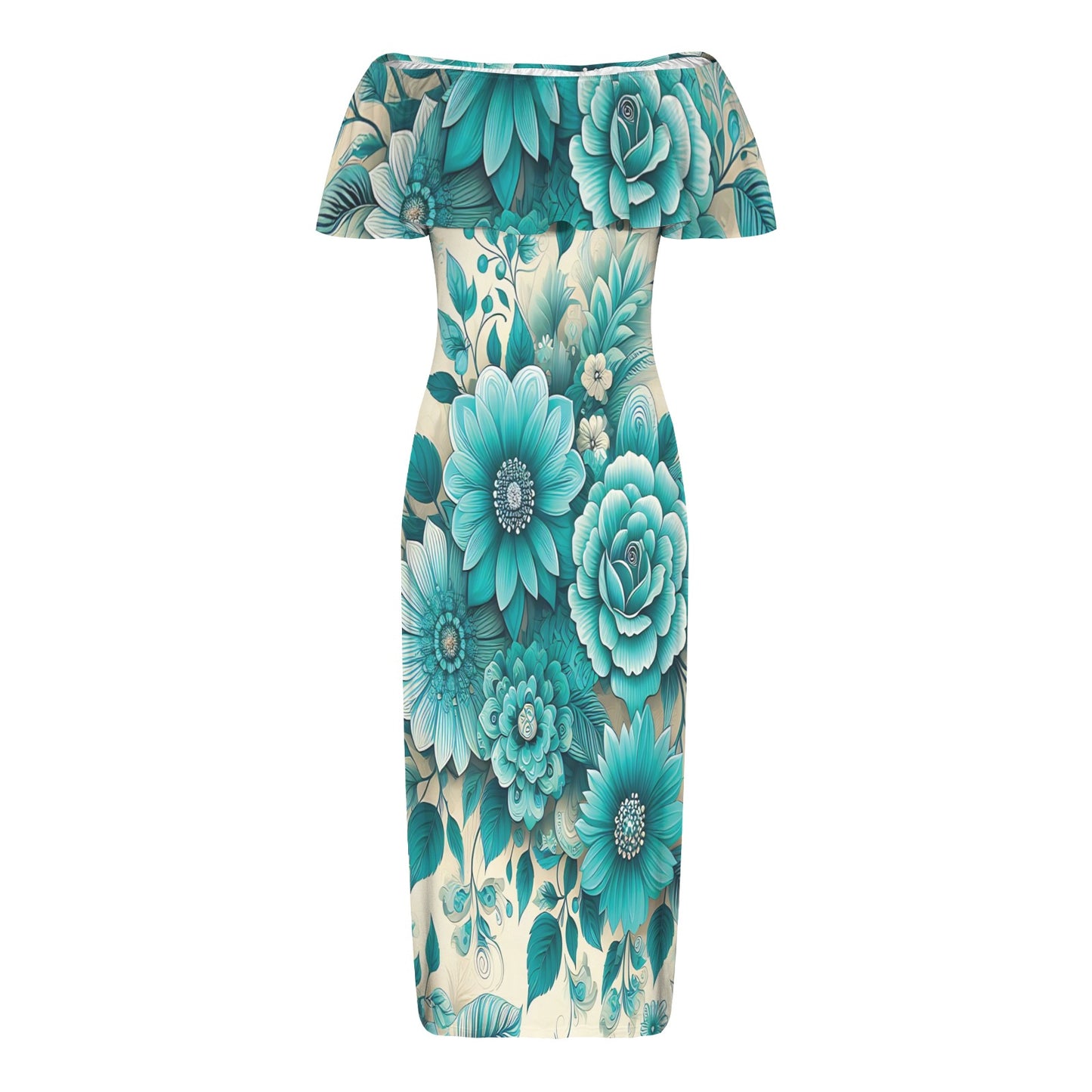 Green and Cream Vintage Floral awd437 Women's Off Shoulder Ruffle Boat Neck Dress (Model D71)