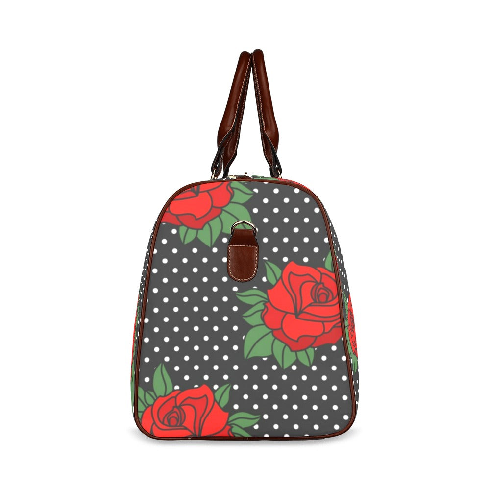 pattern-rockabilly-roses-red-black-white Waterproof Travel Bag/Small (Model 1639)