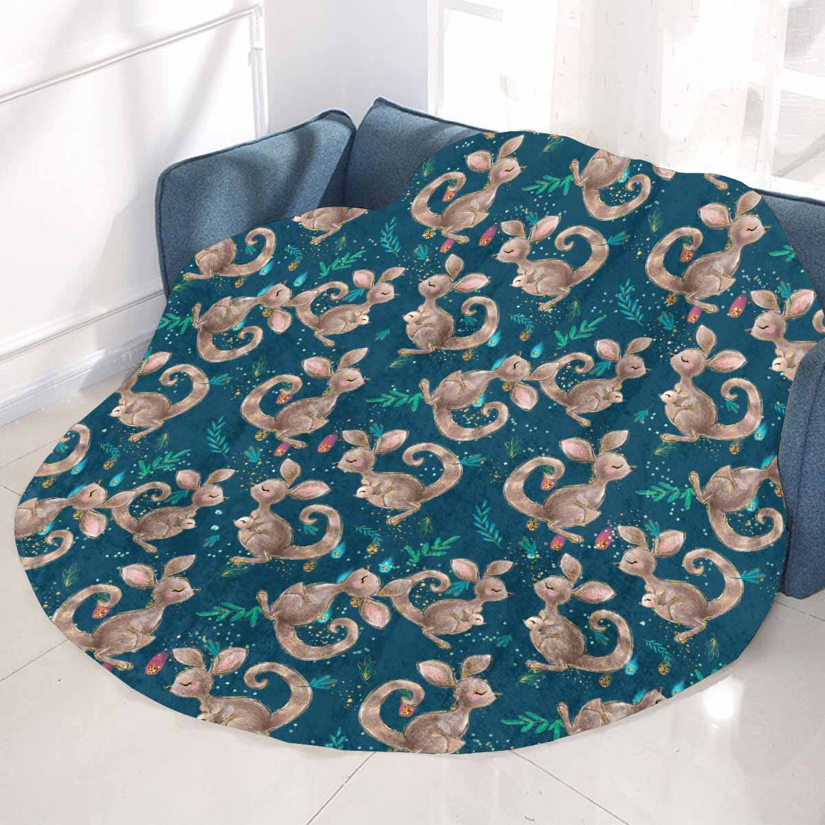 Australian Kangaroos Blue  Circular Micro Fleece Blanket 60"