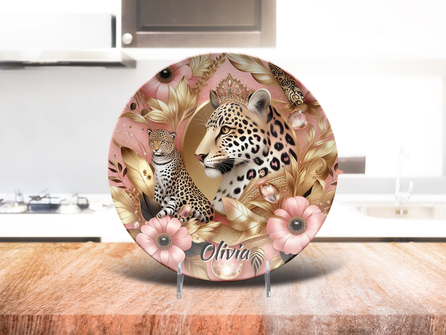 Personalized Leopard Print Platter, Pink Gold Home Decor, Unique Plates for Gifts, Microwave Safe Dining, Dishwasher Safe Tableware