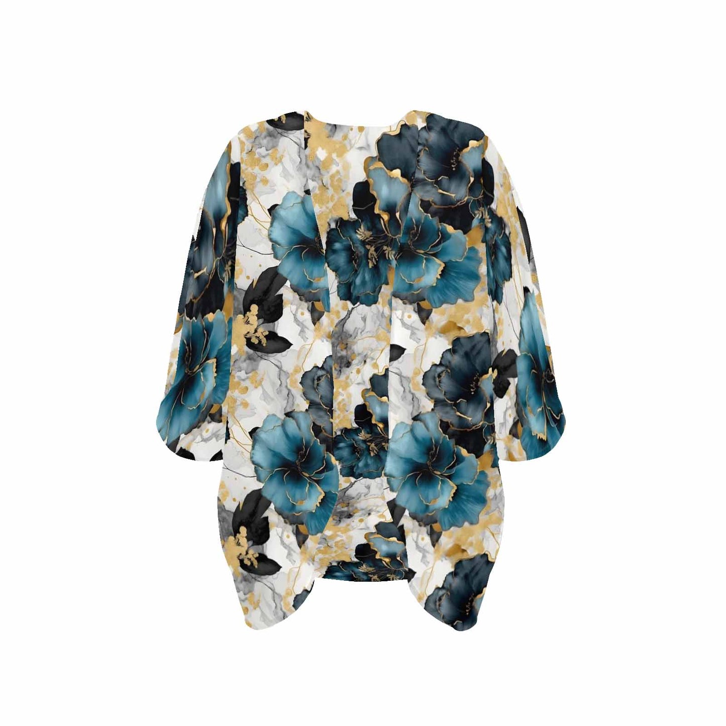 Blue & Gold Ink Floral Women's Kimono Chiffon Cover Up