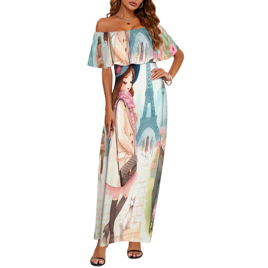 Girl 8 Women's Off Shoulder Ruffle Boat Neck Dress (Model D71)