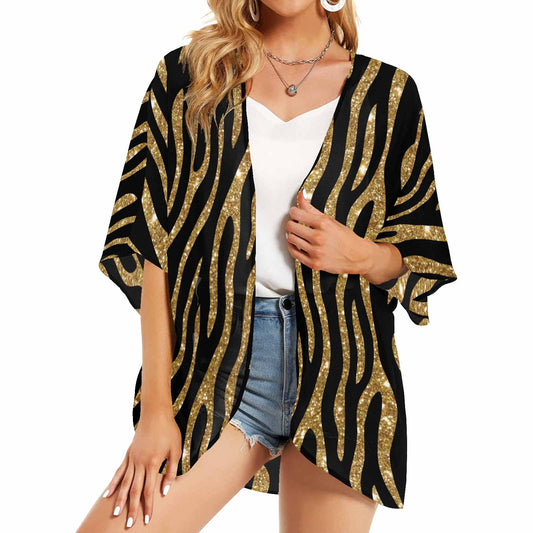 Black and Gold Glitter Look Leopard Print Women's Kimono Chiffon Cover Up