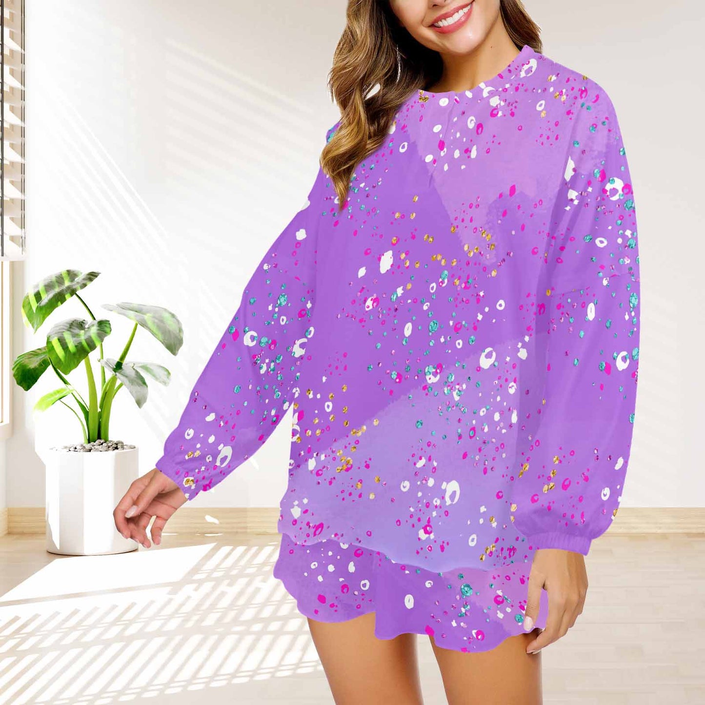 Purple Splash  Women's Long Sleeve Pajama Set with Shorts