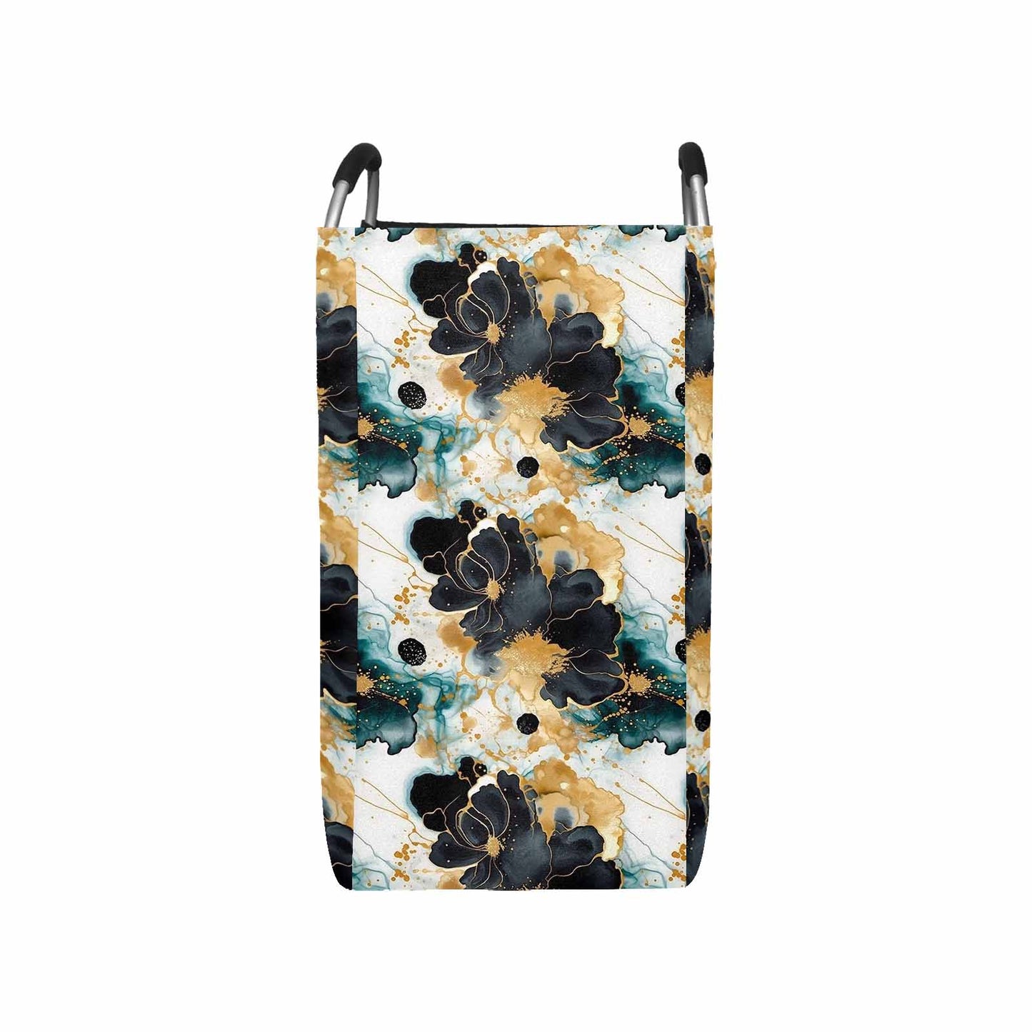 Black Gold & Green Ink Floral  Square Laundry Basket