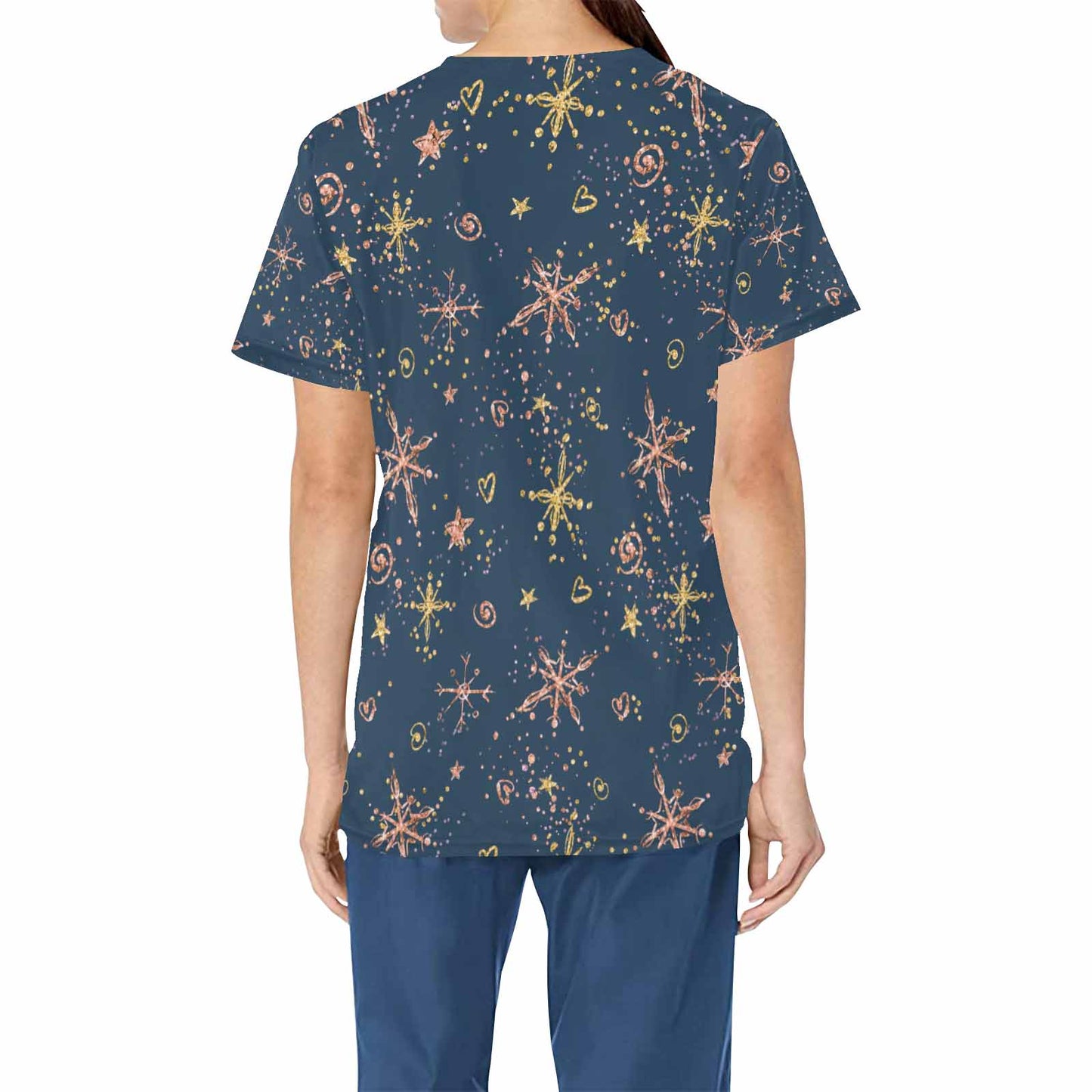 Blue Christmas Stars  Women's V Neck Scrub Top Nurse Uniform with Deep Front Pockets