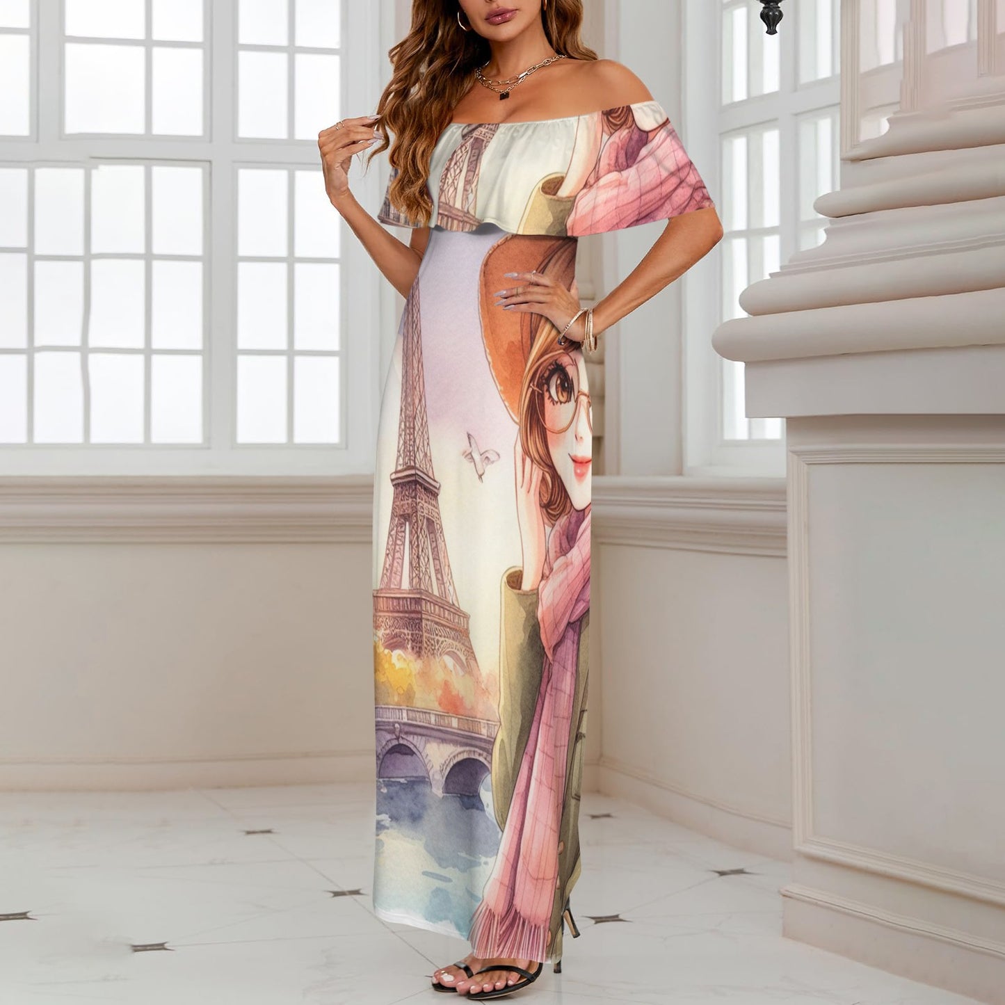 Girl 12 Women's Off Shoulder Ruffle Boat Neck Dress (Model D71)