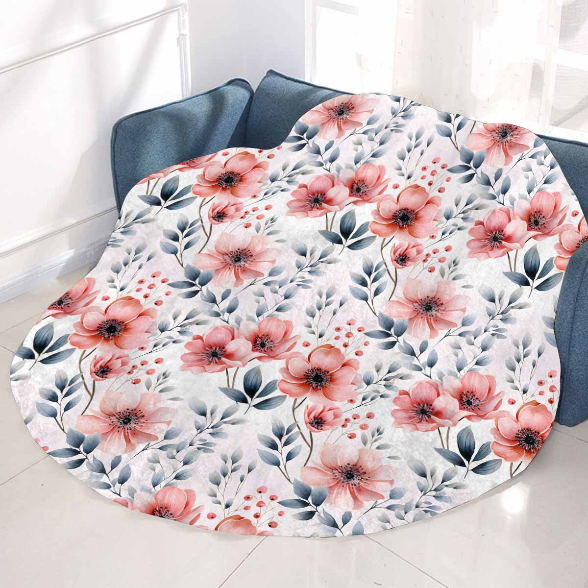 Apricot and Grey Floral  Circular Micro Fleece Blanket 47"