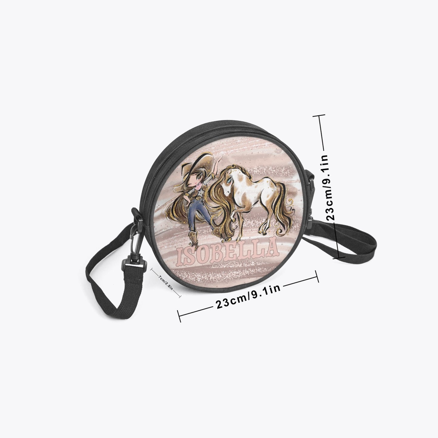 Round Satchel Bag, Howdy, Cowgirl and Horse, Brunette Hair Brown Eyes, Personalised