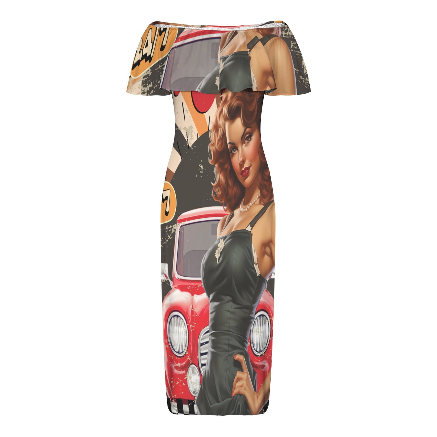 Retro Car Service awd506 Women's Off Shoulder Ruffle Boat Neck Dress (Model D71)