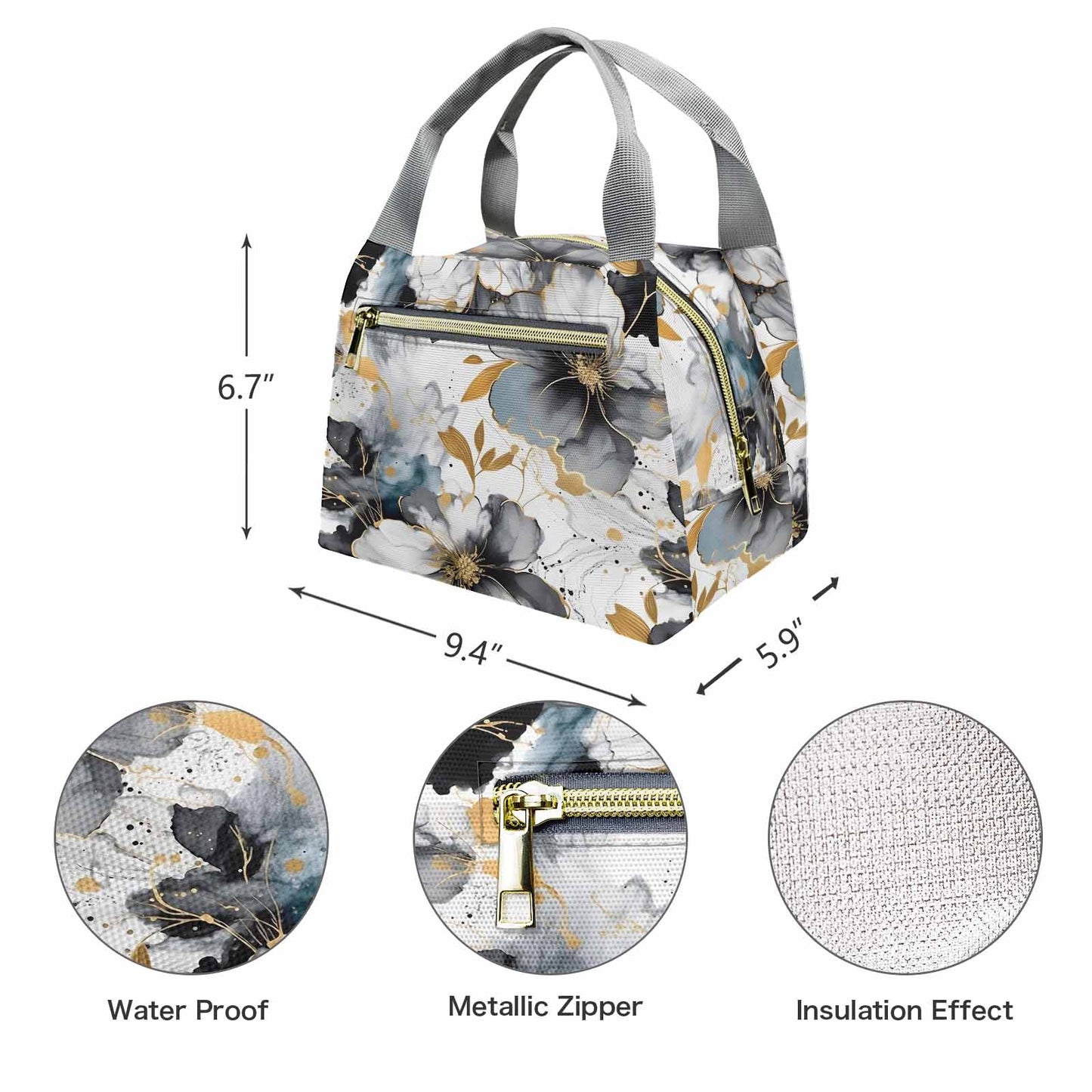 Black White and Gold  Portable Lunch Bag-Grey Handle