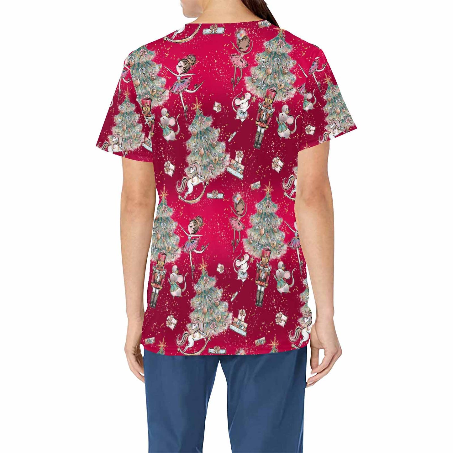 Red Christmas Nutcracker  Women's V Neck Scrub Top Nurse Uniform with Deep Front Pockets