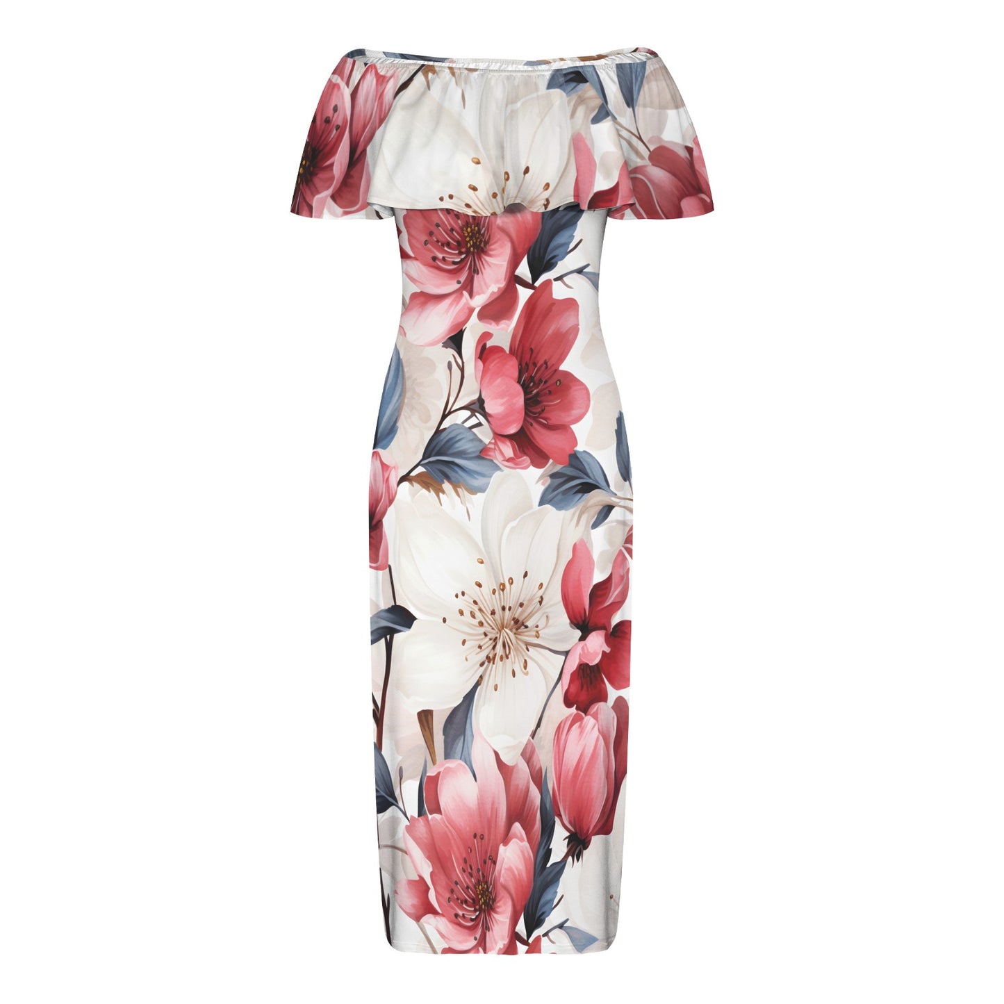 Pink Floral Women's Off Shoulder Ruffle Boat Neck Dress (Model D71)