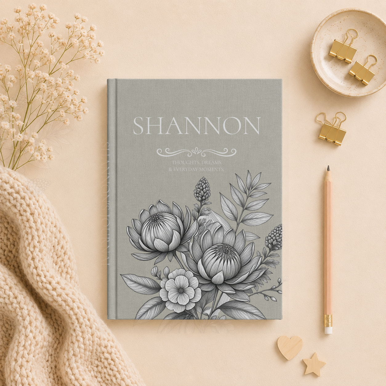 Personalized Linen-look Journal | Custom Hardcover Notebook | Australian Botanical Journal | Elegant Name Notebook