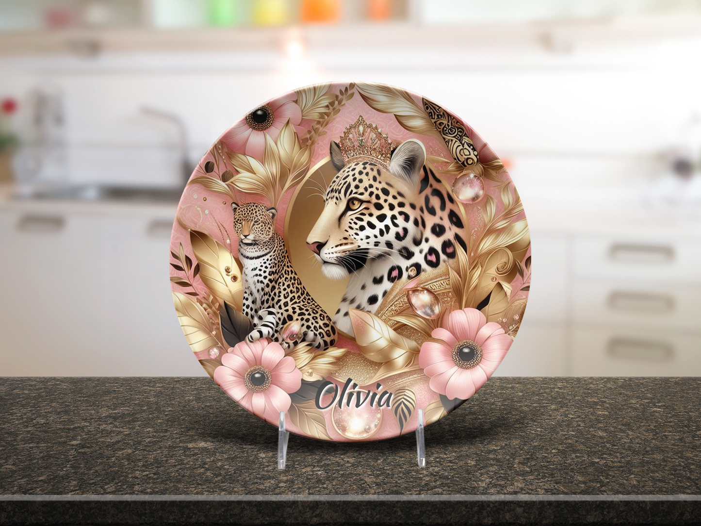 Personalized Leopard Print Platter, Pink Gold Home Decor, Unique Plates for Gifts, Microwave Safe Dining, Dishwasher Safe Tableware