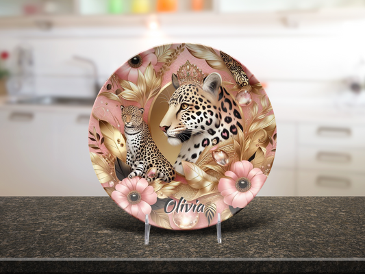Personalized Leopard Print Platter, Pink Gold Home Decor, Unique Plates for Gifts, Microwave Safe Dining, Dishwasher Safe Tableware