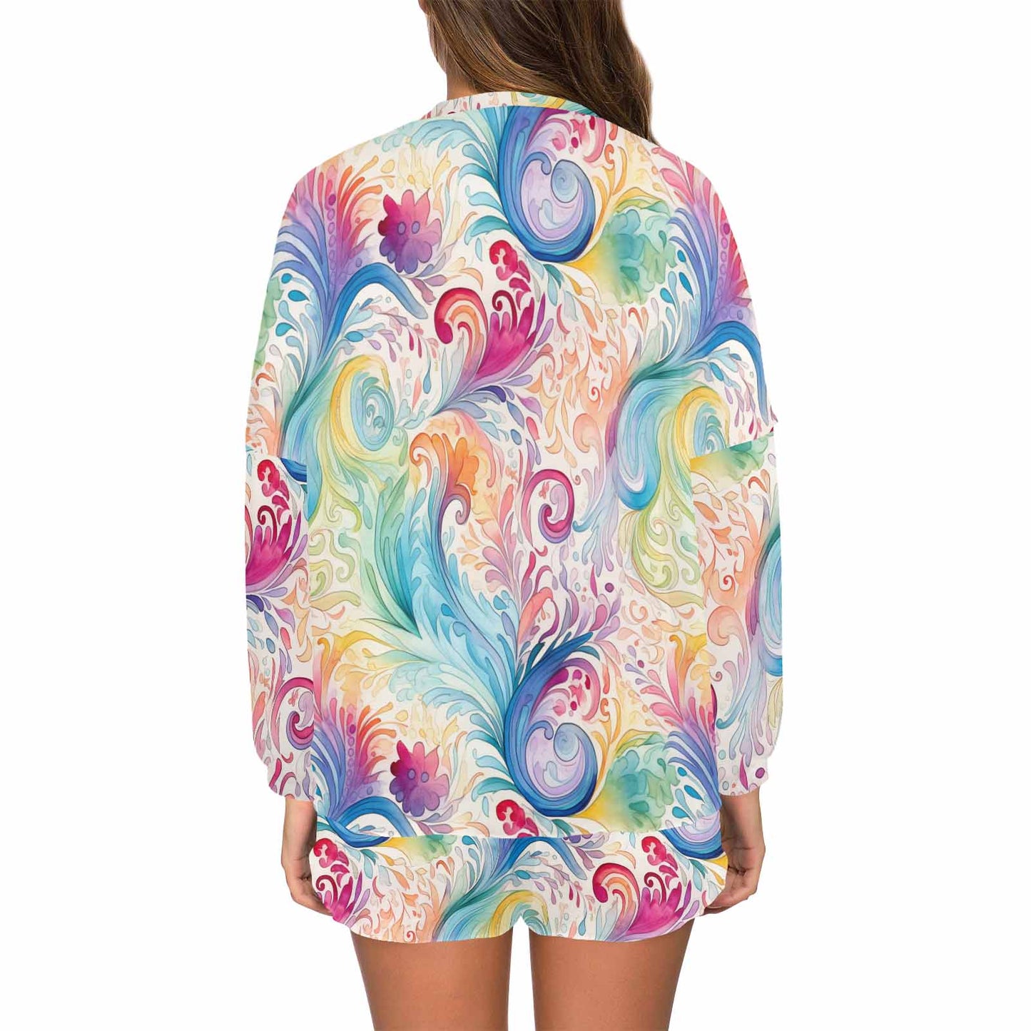 Pastel Rainbow Paisley  Women's Long Sleeve Pajama Set with Shorts