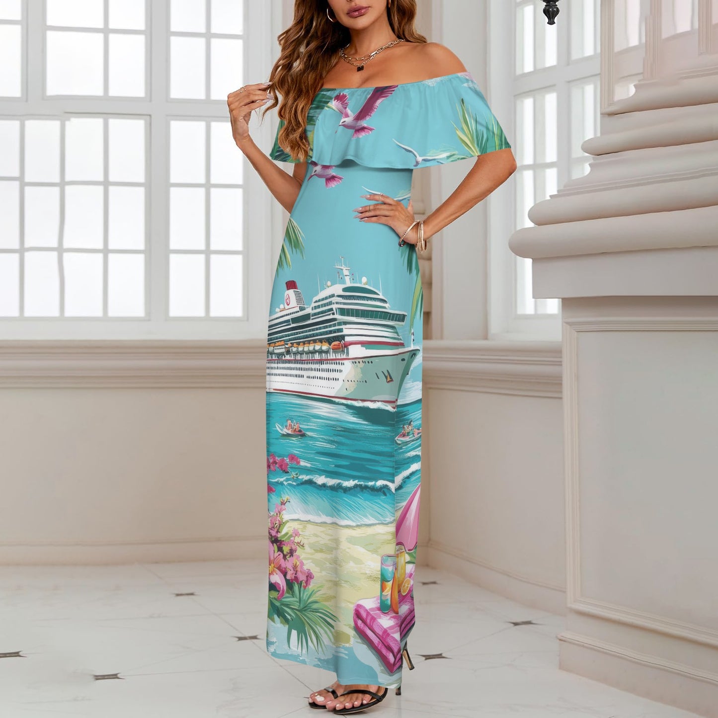 Cruise Women's Off Shoulder Ruffle Boat Neck Dress (Model D71)