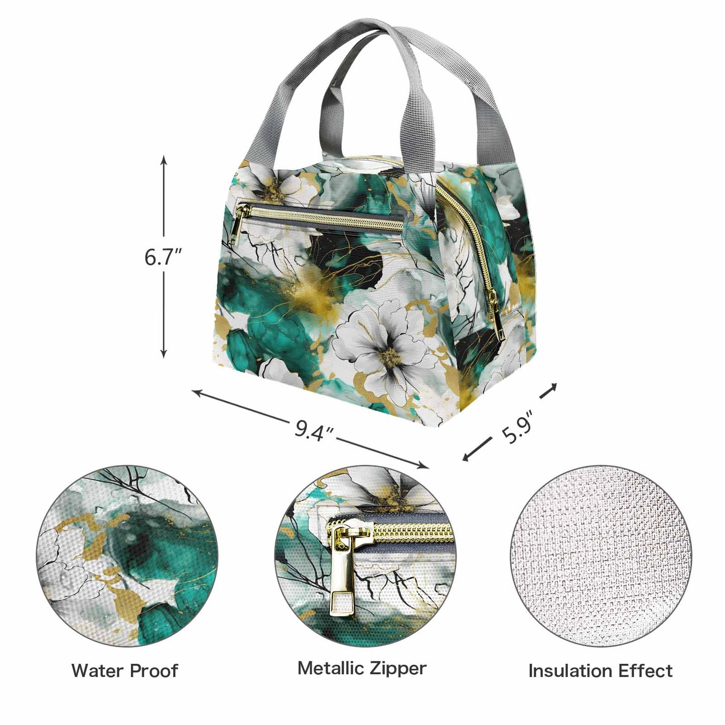 Green and White Ink Floral  Portable Lunch Bag-Grey Handle