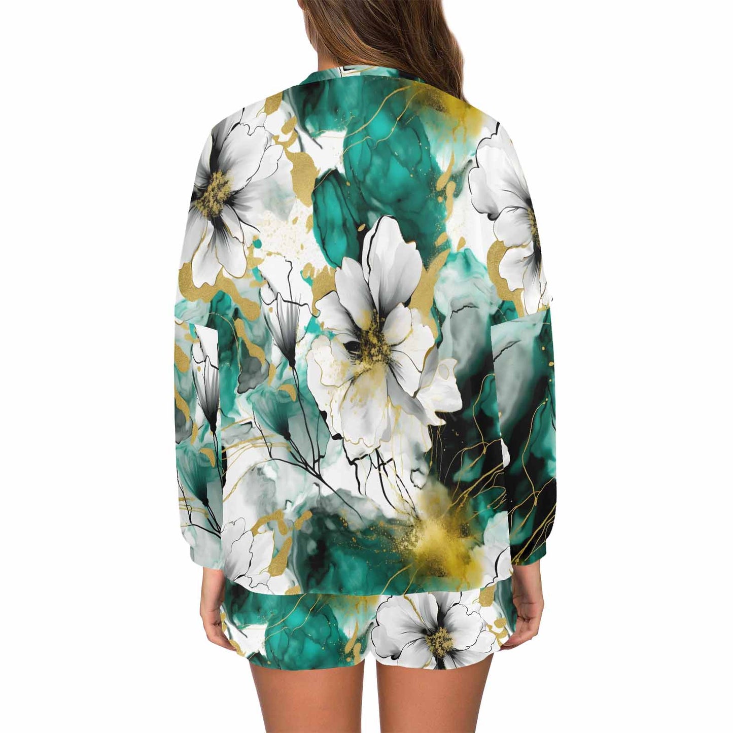 Green and White Ink Floral Women's Long Sleeve Pajama Set with Shorts