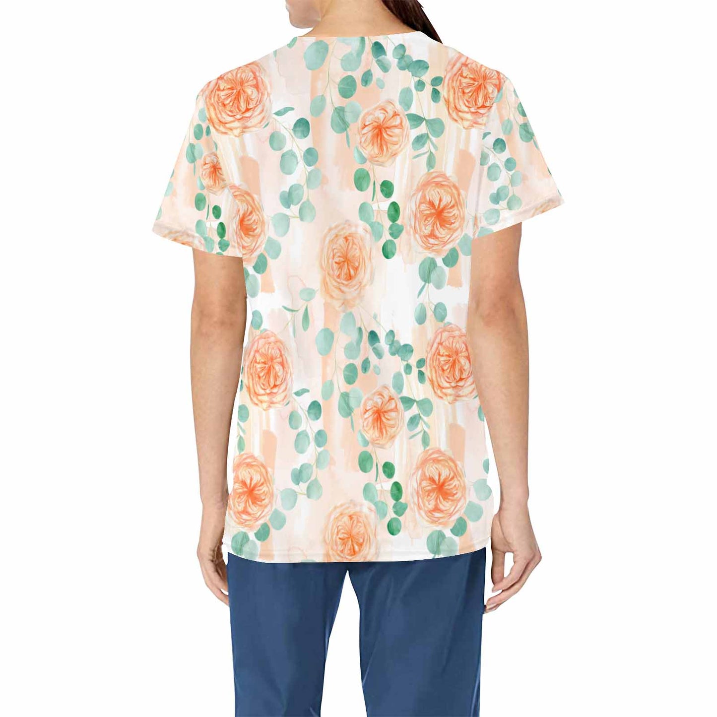 Roses and Eucalyptus  Women's V Neck Scrub Top Nurse Uniform with Deep Front Pockets