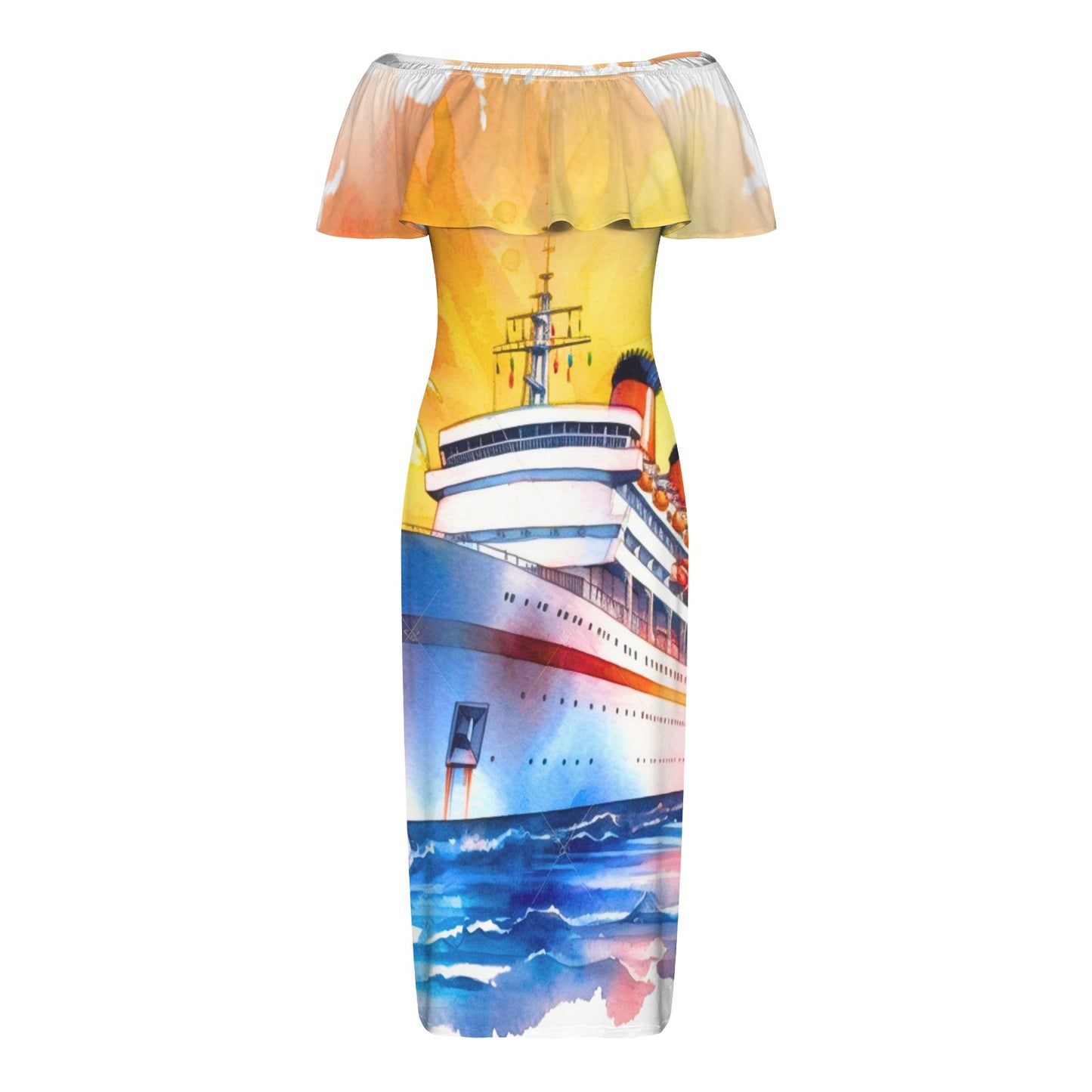 Just Cruisin 2 Women's Off Shoulder Ruffle Boat Neck Dress (Model D71)