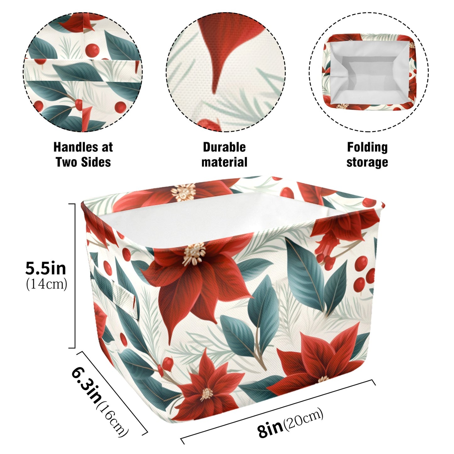 Christmas Red Poinsettia Fabric Storage Basket