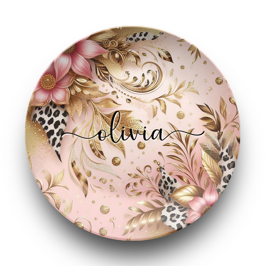 Personalized Luxury Pink and Gold Platter, Custom Name Plate, Floral Design, Unbreakable Serving Platter, Perfect Gift for Her, Home Decor
