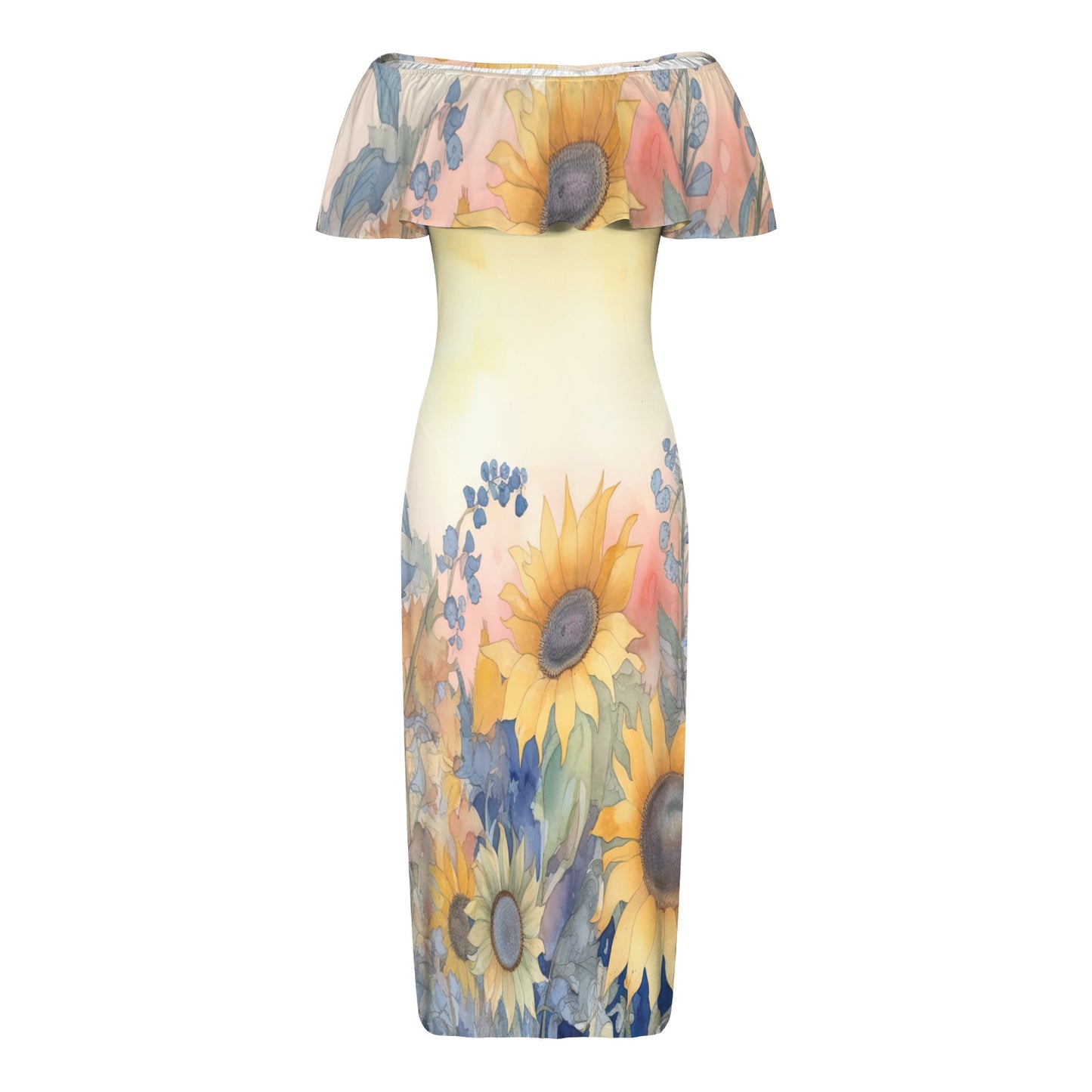 Floral awd342 Women's Off Shoulder Ruffle Boat Neck Dress (Model D71)