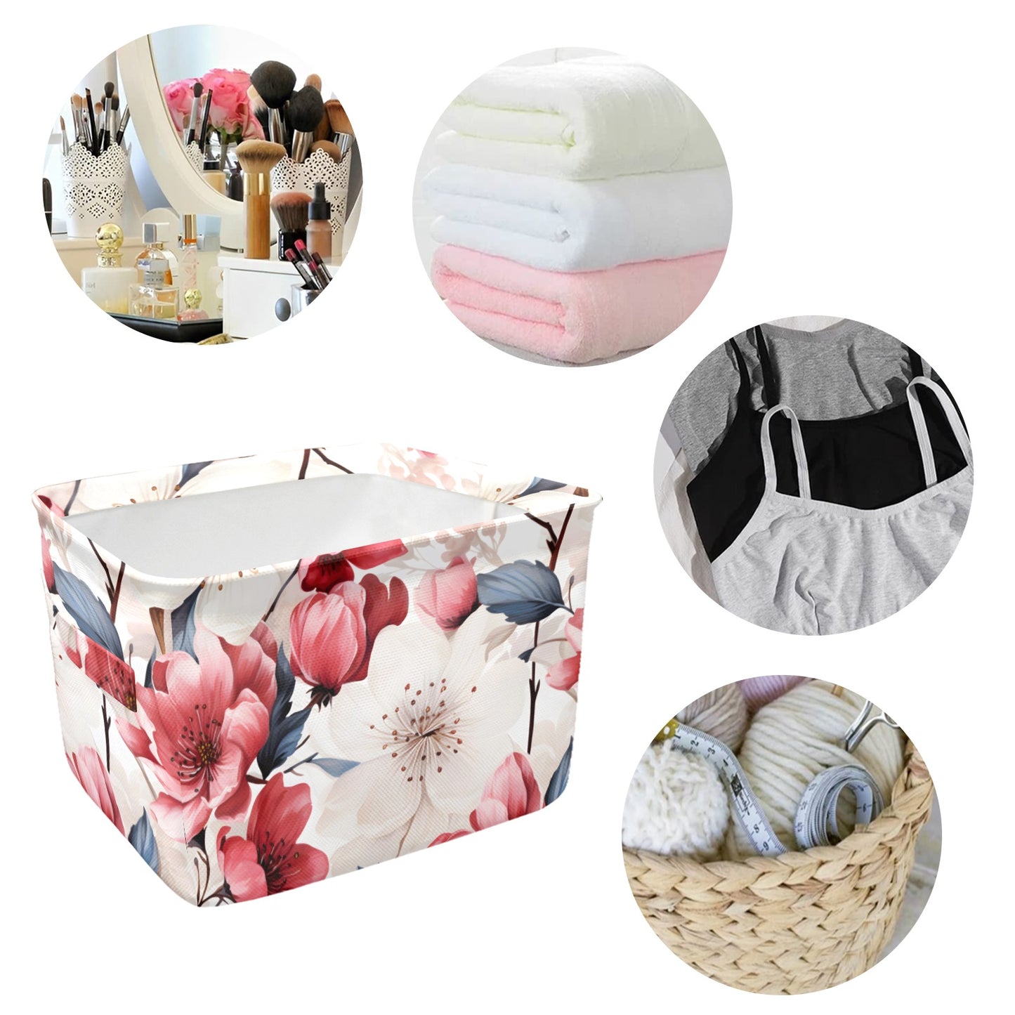 Pink Floral Small Fabric Storage Basket