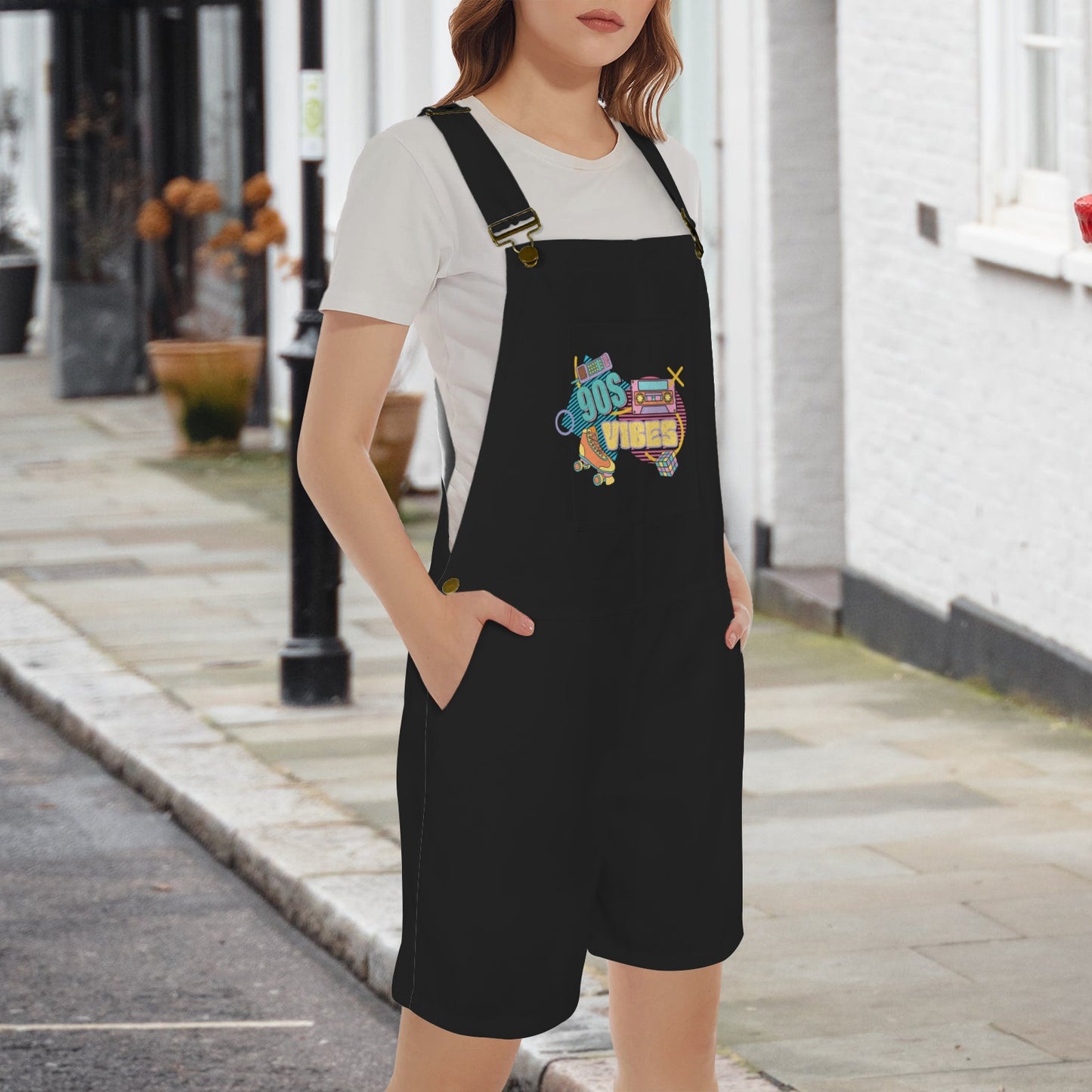 90's Vibes Black Unisex Shorts Suspender Jumpsuit