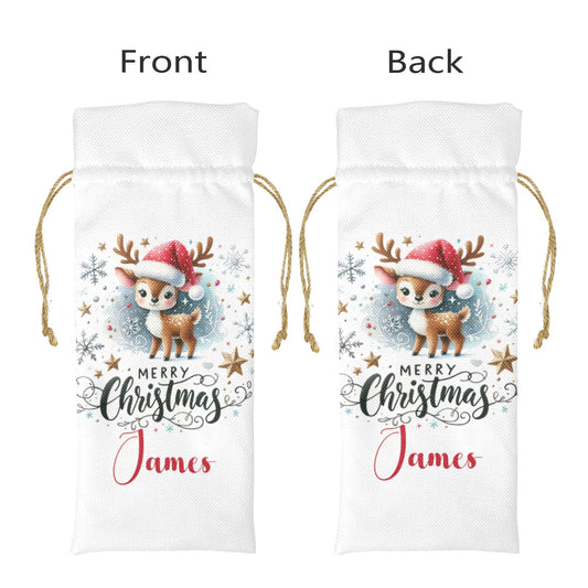 Merry Christmas Reindeer Personalised Linen Wine Bottle Bag