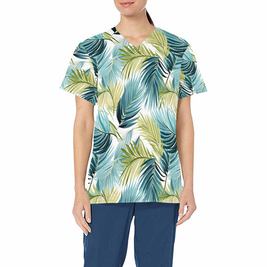 Tropical Palm Leaves Blue and Green  Women's V Neck Scrub Top Nurse Uniform with Deep Front Pockets