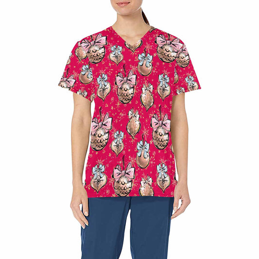 Red Christmas Baubles  Women's V Neck Scrub Top Nurse Uniform with Deep Front Pockets