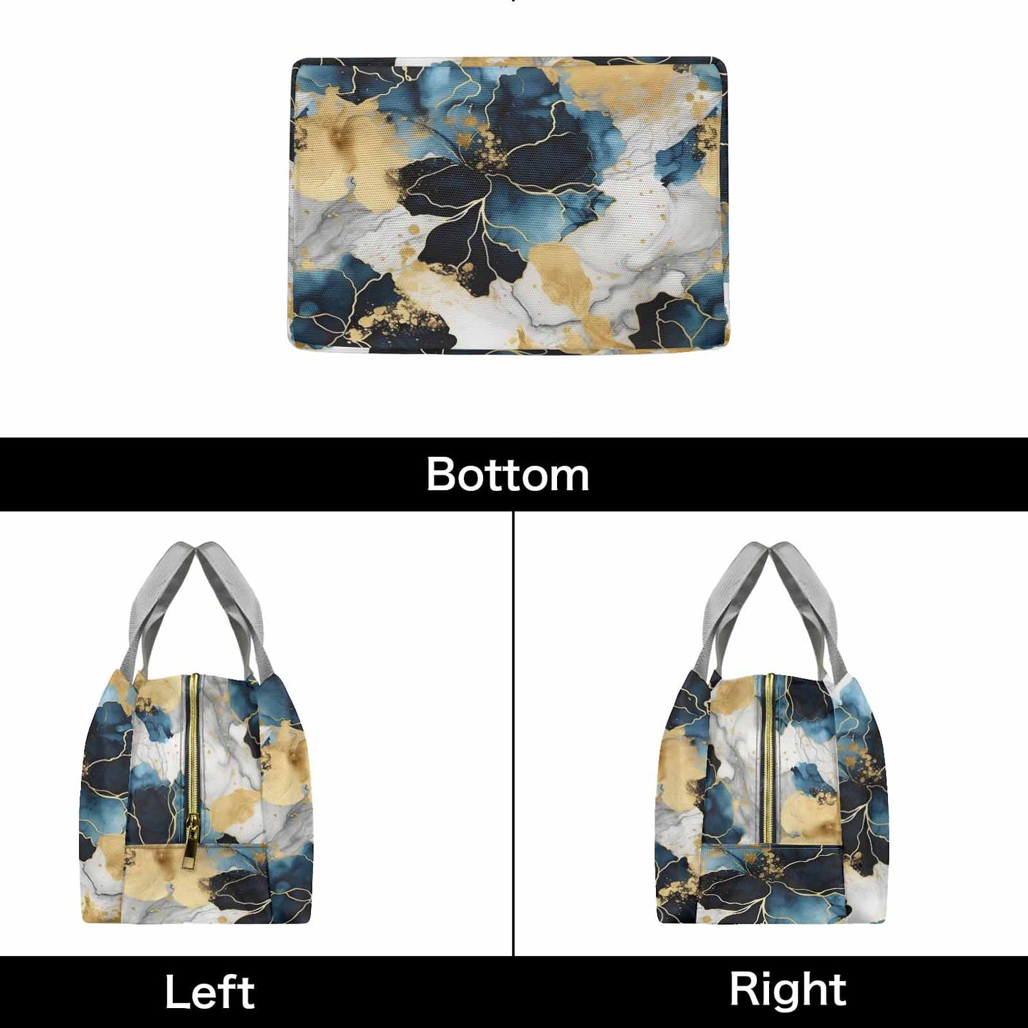 Blue Ink Floral  Portable Lunch Bag-Grey Handle