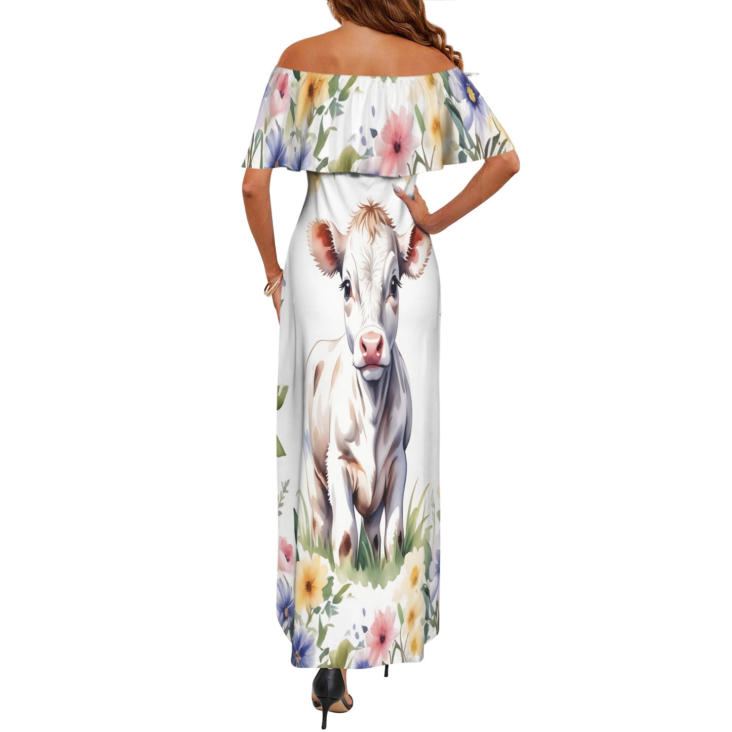 Cow awd306 Women's Off Shoulder Ruffle Boat Neck Dress (Model D71)